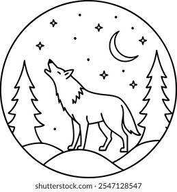 Ilustración de arte de línea de un lobo aullando a una luna creciente en un bosque nevado por la noche, rodeado de estrellas y pinos. Estilo sencillo y minimalista.