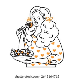 Line art illustration of a woman enjoying a fresh salad. Features a joyful expression with heart patterns on her shirt. Uses vibrant orange accents on a white background.