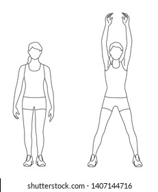 Line Art Illustration Of Woman Exercise Jumping Jacks, Vector, Outline 