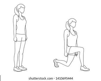 Line art illustration of woman exercise lunges, outline - Vector