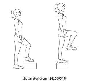 Line art illustration of woman exercise step ups, outline - Vector