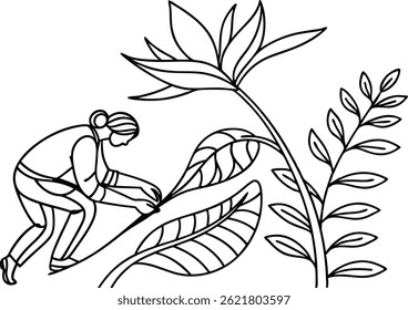 Line Art Illustration Of Woman Gardening With Tropical Flowers And Leaves