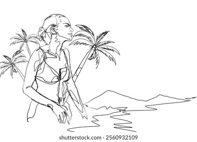 line art illustration of a woman on a summer vacation at the beach