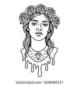 line art illustration of woman with rose crown and diamond necklace in artistic style.old school style tattoo art