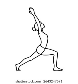 Line art illustration of a woman in warrior one yoga pose, arms extended overhead. Outline drawing on white background.
