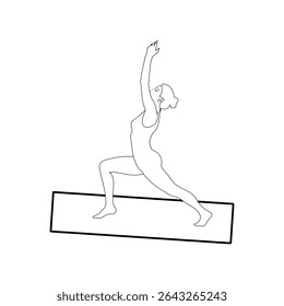 Line Art Illustration of Woman in Warrior One Yoga Pose on Mat