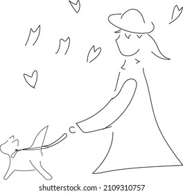 Line art illustration of a woman who came to see the cherry blossoms while taking a walk with a dog
