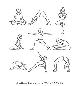 Line art illustration of women in various yoga poses, Suitable for vector designs, fitness materials, yoga apps, health infographics and healthy lifestyle content. 