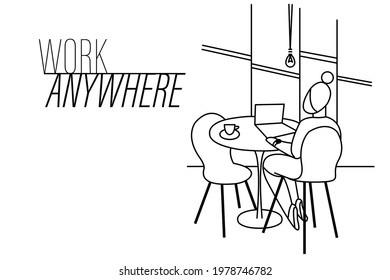 Line art illustration. Work everywhere. Business at home. The girl is sitting at the table. Works at your computer. She looks into the screen. A girl with a laptop. Teleworking. Cafe.