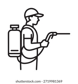 Una ilustración de arte lineal de un trabajador usando un pulverizador en la espalda