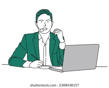 Line art illustration of young businessman working on laptop.