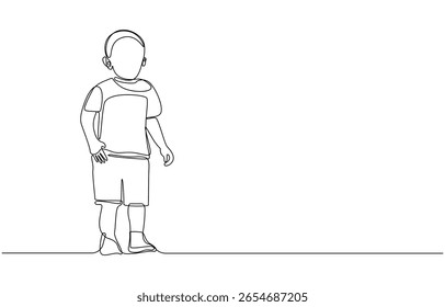 Line art illustration of a young child standing in shorts and a t-shirt, Children's Day