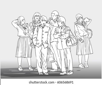 Line art illustration of young students waiting to go to school