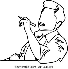 Line art illustration of young writer man sitting in thinking pose, outline sketch silhouette drawing of man sitting in thinking mode