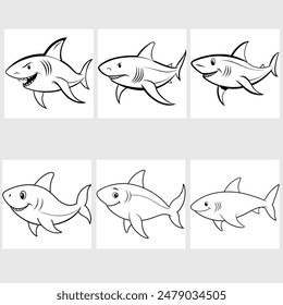 Line art illustrations of big sharks capture the sleek, powerful form of these ocean predators with clean, minimalistic lines, emphasizing their distinct features such as sharp fins .