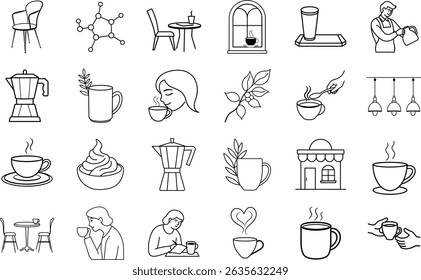 Line art illustrations of coffee culture brewing methods, cafe setting, coffee beans, drinking coffee, and cafe atmosphere.