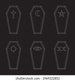 Line art illustrations of coffins with cross, crescent moons, stars, sun, and evil eye