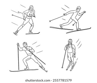 Line art illustrations of cross country skiers in dynamic poses, depicting various skiing techniques with minimalistic elements. Vector winter sport outline drawing on white background