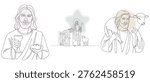 Line art illustrations depicting Jesus Christ with symbolic elements like bread, wine, sheep, and a pastoral scene, conveying faith and spirituality.