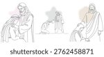 Line art illustrations depicting Jesus with Mary Magdalene, showcasing themes of compassion, grief, and resurrection, ideal for religious art.