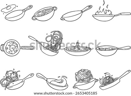 line art illustrations depicting various cooking pans and woks, showcasing different stages of food preparation from frying eggs to stir-frying noodles and simmering dishes. Ideal for cooking.