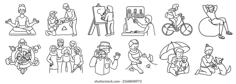 Line art illustrations of diverse activities: yoga, painting, cycling, and more. Includes men, women, and children of various ethnicities engaging in hobbies. Doodle element vector set.