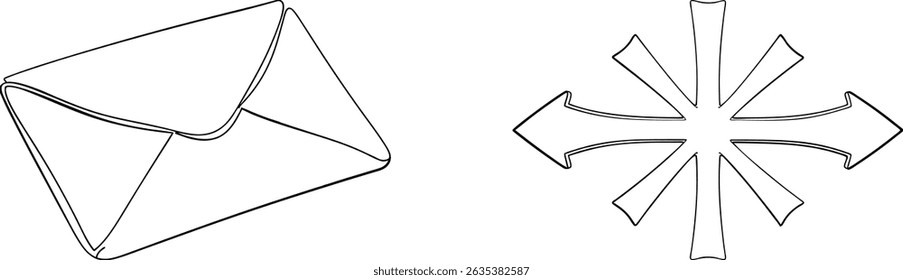 Line art illustrations of an envelope and directional arrow graphic elements for design
