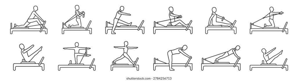 line art illustrations of exercises on Pilates reformer equipment in various positions on transparent background