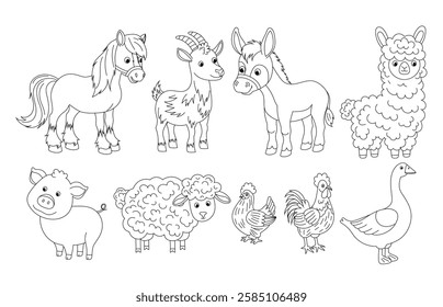 Line art illustrations of farm animals. Set cartoon domestic pets. Black and white cow, pig, horse, sheep, chicken, goose. Coloring page.