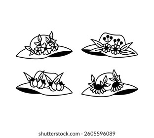 Line Art Illustrations of Flower Hats with Various Floral Designs Black and White Color
