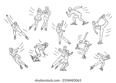 Line art illustrations of ice skaters performing various moves, including figure skating, pair dancing, and speed skating, in dynamic and minimalist style. Vector hand drawn drawing isolated