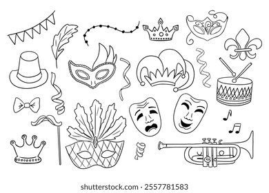 Line art illustrations of Mardi Gras elements including masks, crowns, musical instruments, ribbons, and festive decorations in minimalist style. Vector outline minimalistic drawings isolated