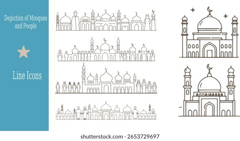 Line art illustrations of mosques and people in various compositions with crescent moon symbols