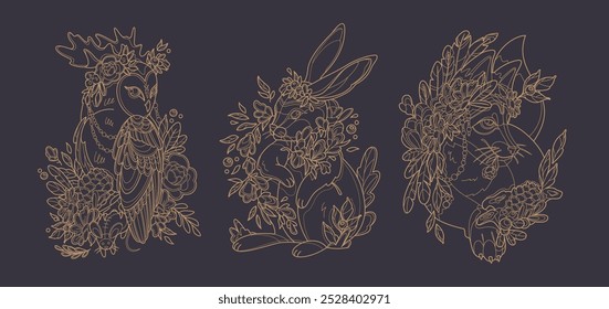 Line art illustrations of a rabbit, fox and owl surrounded by floral elements, golden line work against a dark background, the floral motifs and animal traits, luxurious presentation