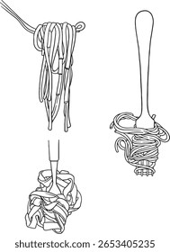 line art illustrations showcasing different ways pasta or noodles are twirled around forks, ready to eat. This image is perfect for themes related to Italian food, cooking, restaurants, and delicious.