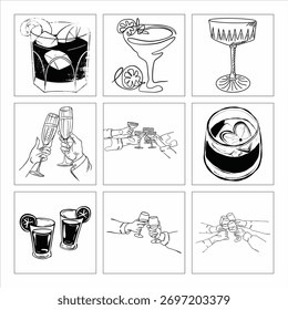 Ilustraciones de arte de línea de varias bebidas para menús de restaurantes y carteles