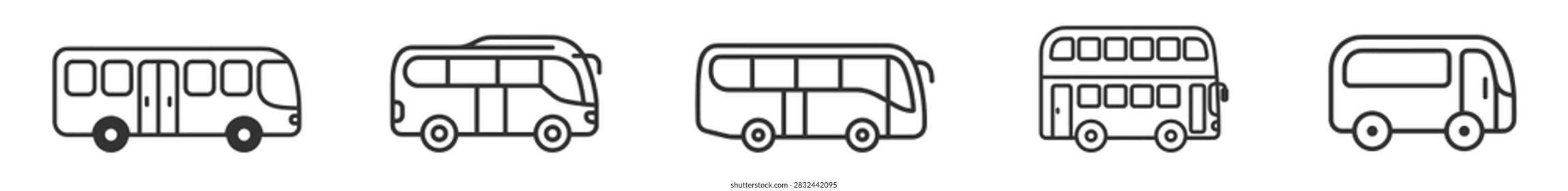 line art illustrations of various bus types including city bus tour bus double decker and shuttle bus on transparent background