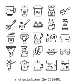 Line art illustrations of various coffee brewing and serving equipment. This image features coffee, brewing, equipment, icons, line art.