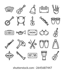 Ilustrações de arte em linha de vários instrumentos musicais, incluindo instrumentos de corda, vento e percussão.