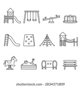 Line art illustrations of various playground structures and toys