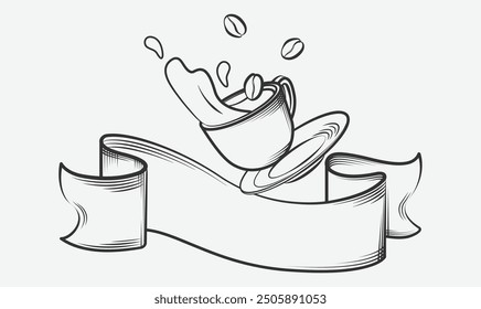 Line art image of a cup of coffee with a little spilled coffee liquid and some coffee beans on top, plus a curved ribbon below for the name or tagline.