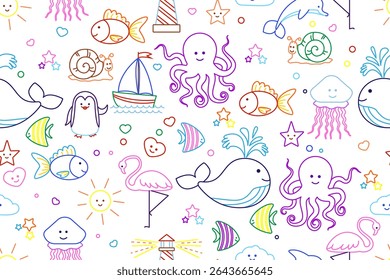 Line art. Image of sea creatures, ship, sun, lighthouse. Cute color pictures for kids. Seamless pattern. Vector
