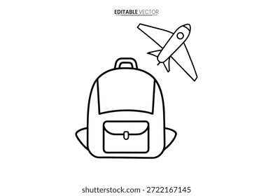 Line-Art-Bild mit Rucksack und Flugzeug, das Reise- und Abenteuerkonzepte darstellt.