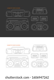 Line art imagess isolated on a black and on a white backgrounds Cassette Tape Players vector illustration. Four vintage cassette recorders.