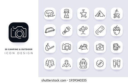 Line art incomplete camping and outdoor icon pack. In this pack incorporate with twenty different camping and outdoor icon.
