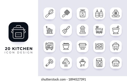 Line art incomplete kitchen icon pack. In this pack incorporate with twenty different kitchen icon.
