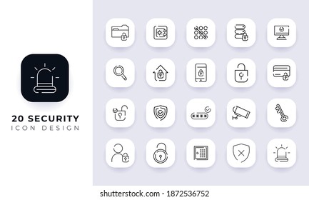Paquete de iconos de seguridad incompleto para el arte de línea. En este paquete se incorpora con veinte iconos de seguridad diferentes.