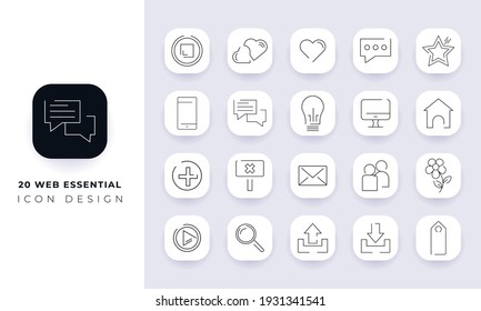 Line art incomplete web essential icon pack. In this pack incorporate with twenty different web essential icon.