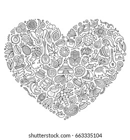 Line art India vector hand drawn set of Indian cartoon doodle objects, symbols and items. Heart form composition