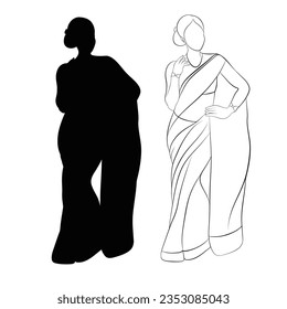 A line art of Indian saree, Saree wearing woman, A beautiful lady vector silhouette